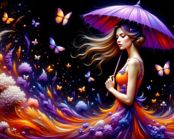Woman in Colorful Flowers and Butterflies Scene
