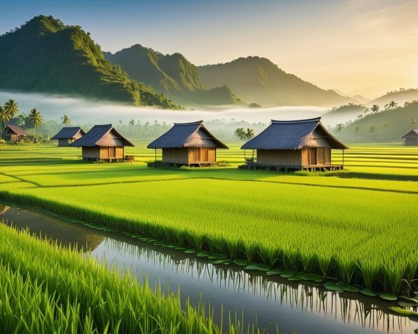 Serene Landscape of Rice Fields and Mountains