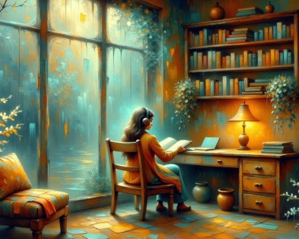 Indoor Scene of a Woman Reading at a Wooden Desk