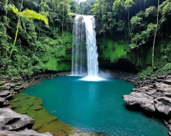 Waterfall Cascading into Turquoise Pool Surrounded by Nature