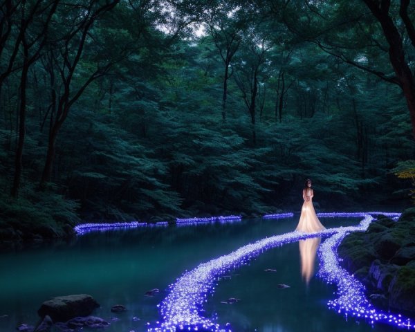 Enchanting Forest Scene with Woman by Shimmering River