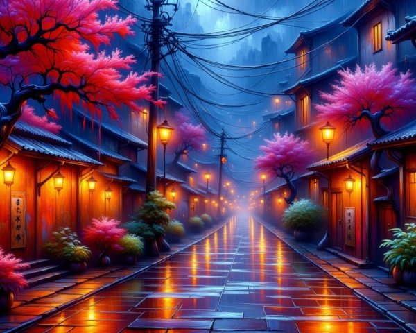 Tranquil Dusk Street with Wooden Buildings and Blossoms