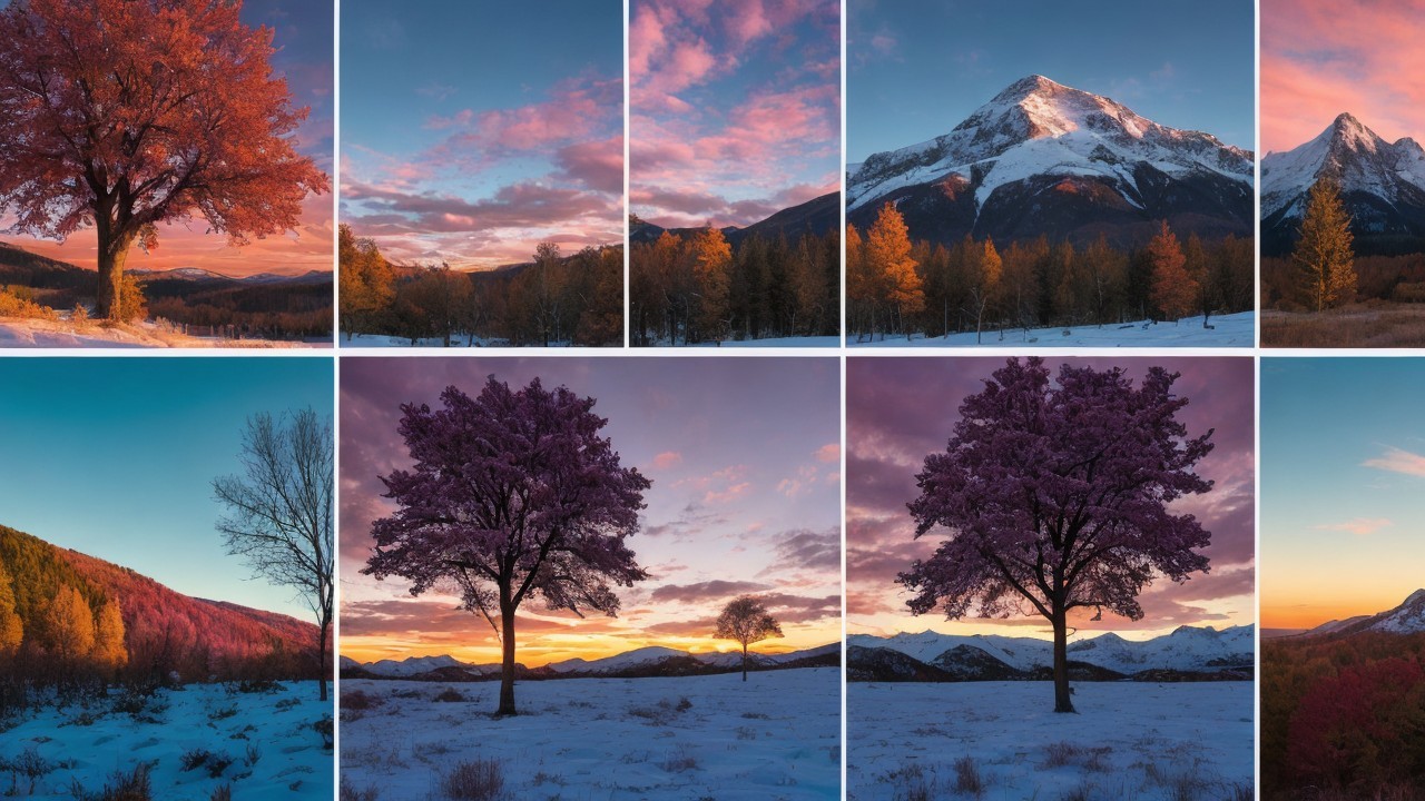 Collage of Seasonal Landscapes with Trees and Mountains