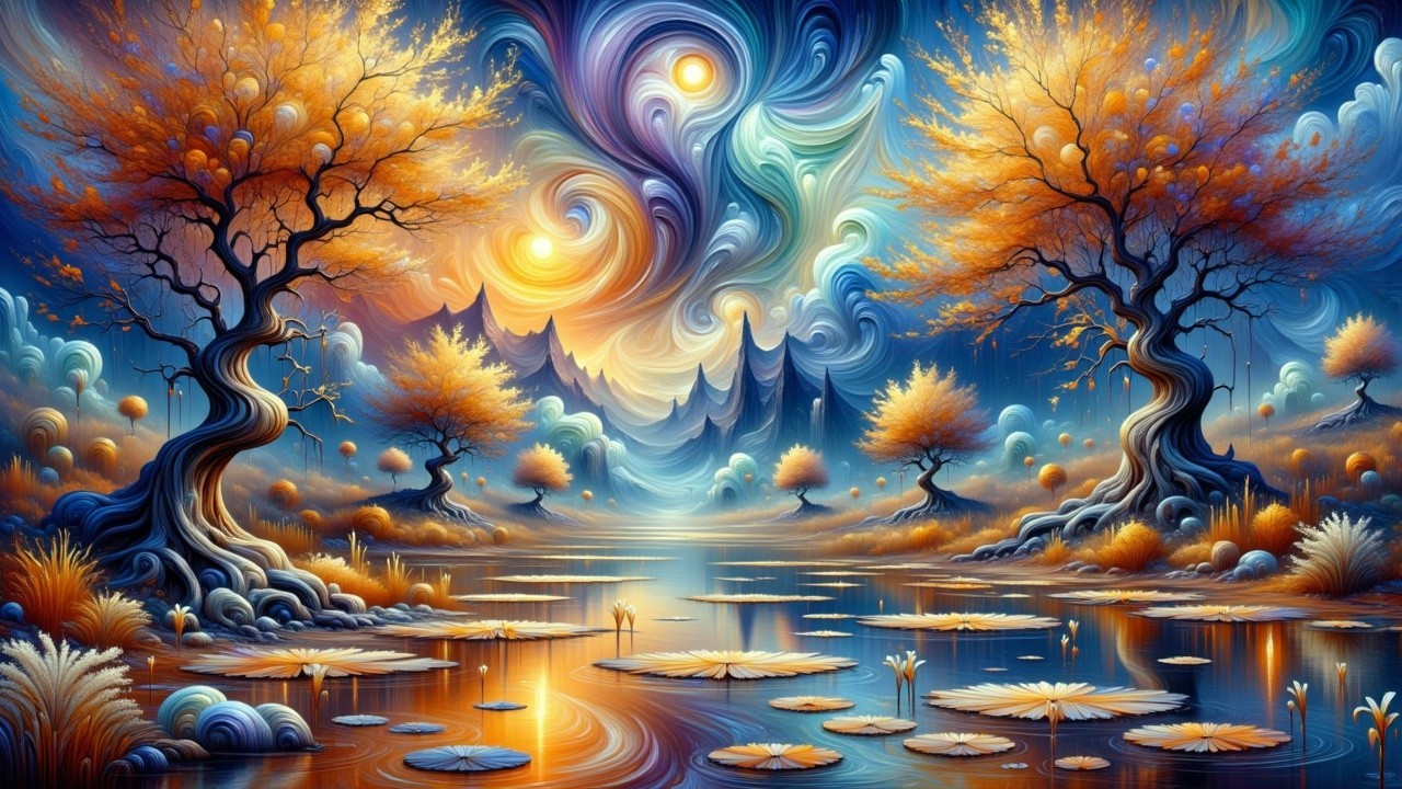 Surreal Landscape with Colorful Skies and Trees