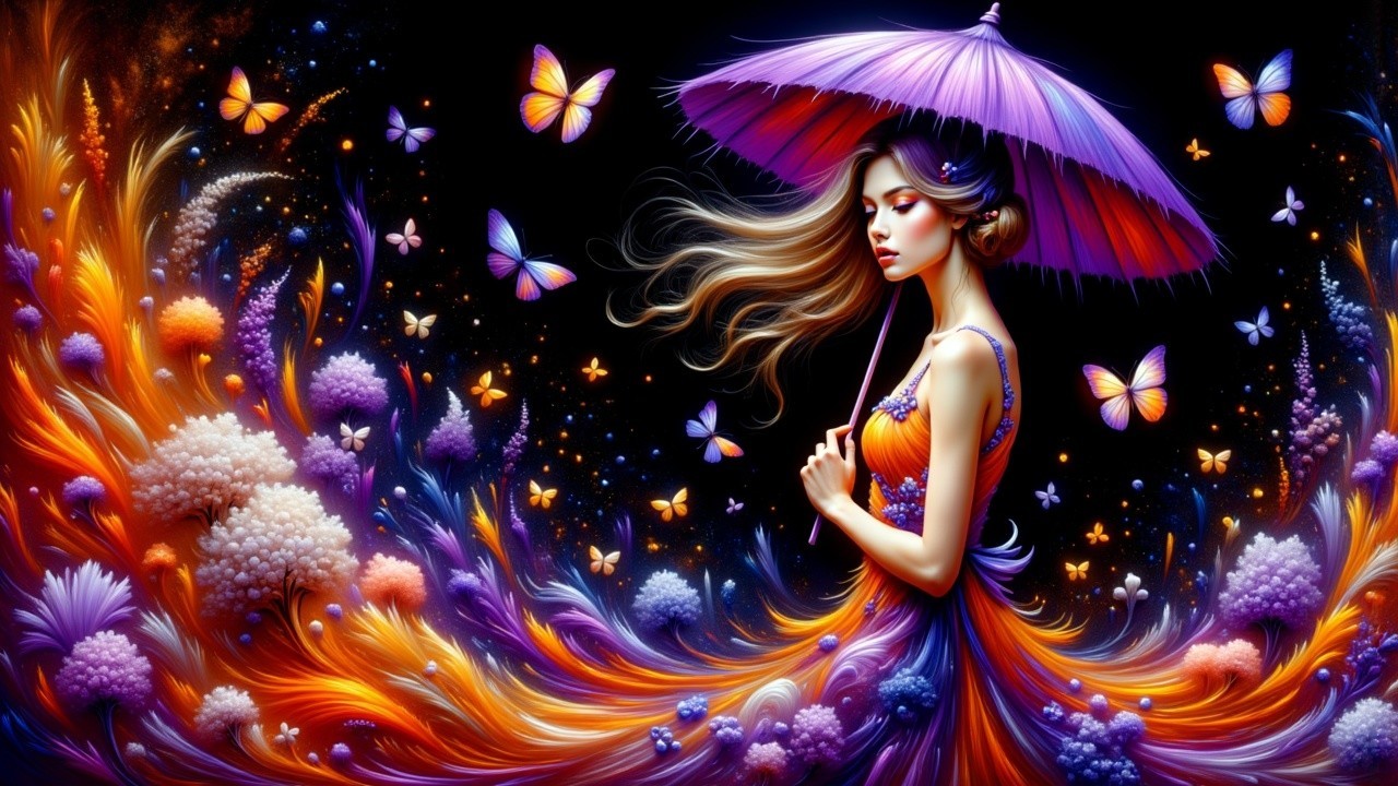 Woman in Colorful Flowers and Butterflies Scene