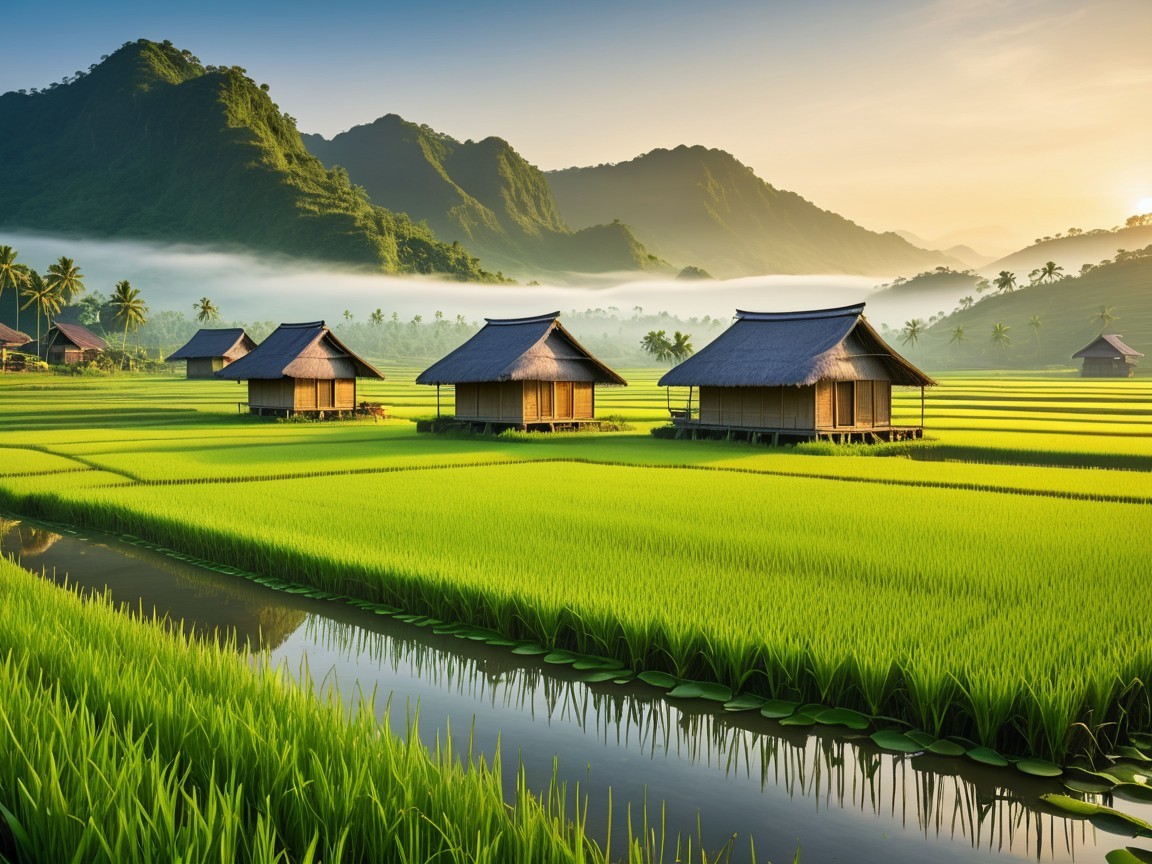 Serene Landscape of Rice Fields and Mountains