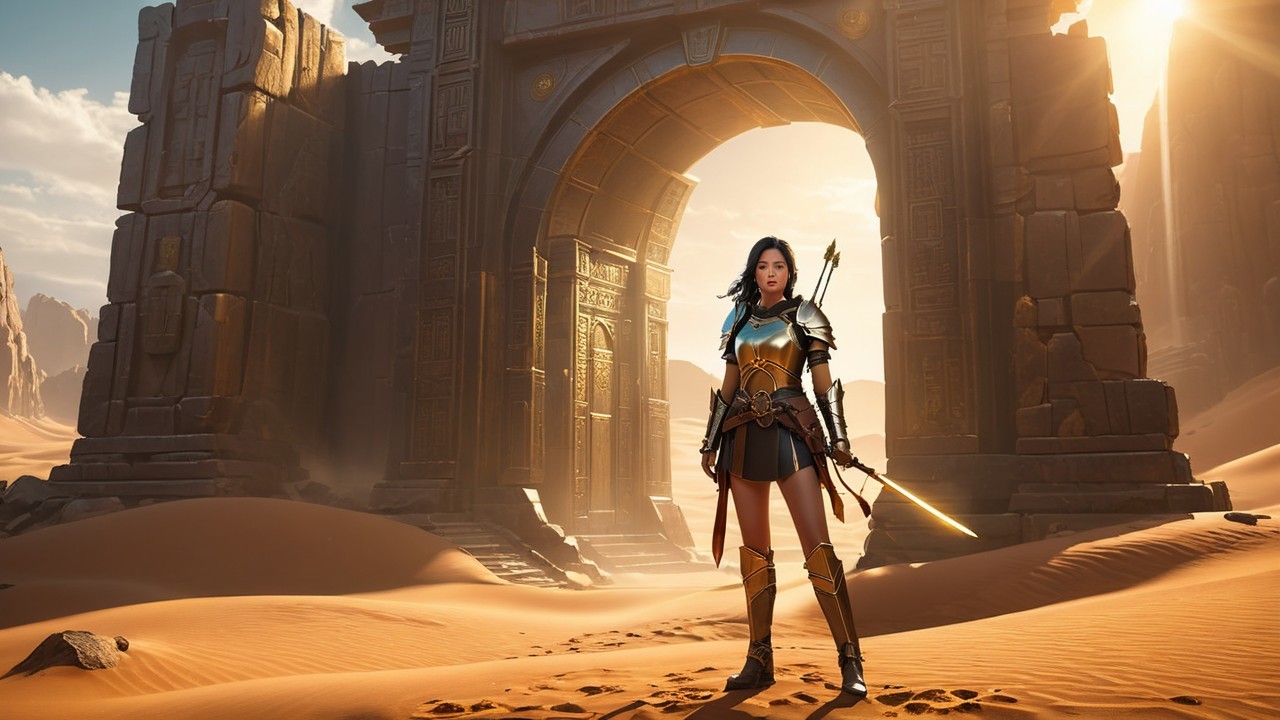 Warrior in Armor Stands Before Desert Ruins