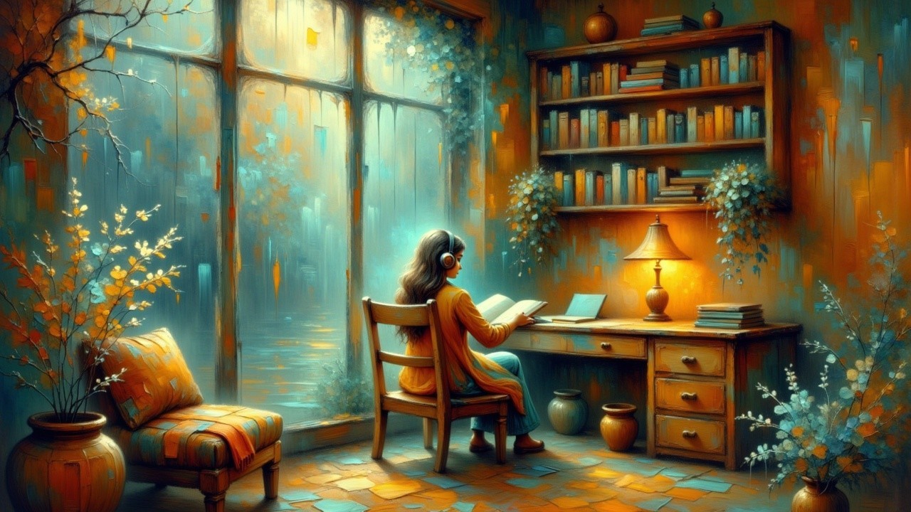 Indoor Scene of a Woman Reading at a Wooden Desk