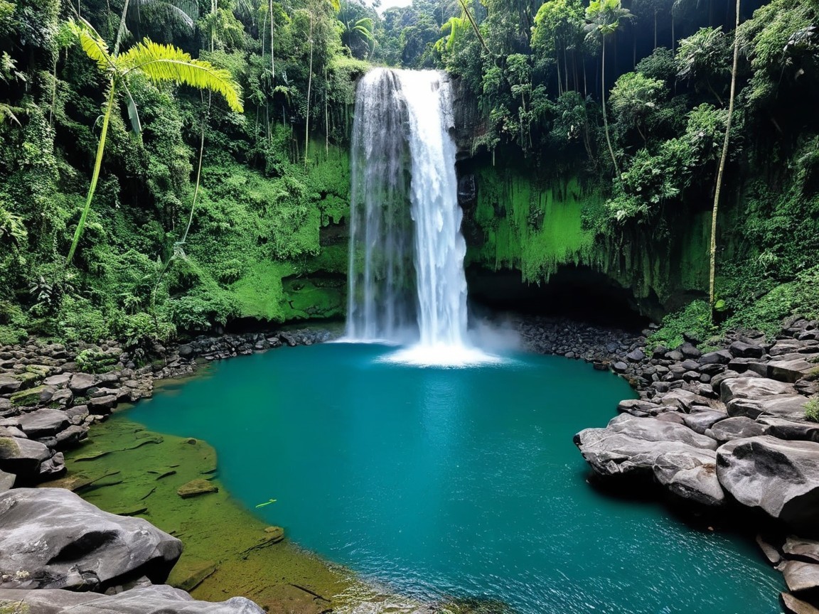 Waterfall Cascading into Turquoise Pool Surrounded by Nature