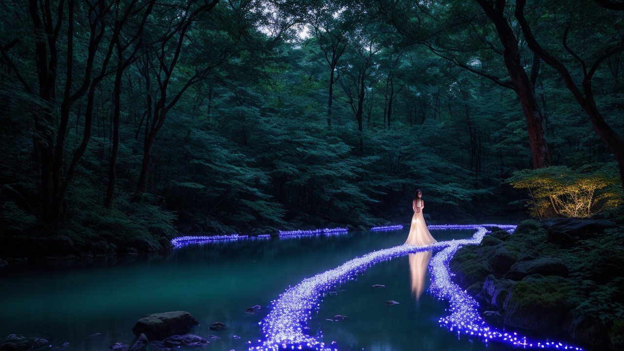Enchanting Forest Scene with Woman by Shimmering River