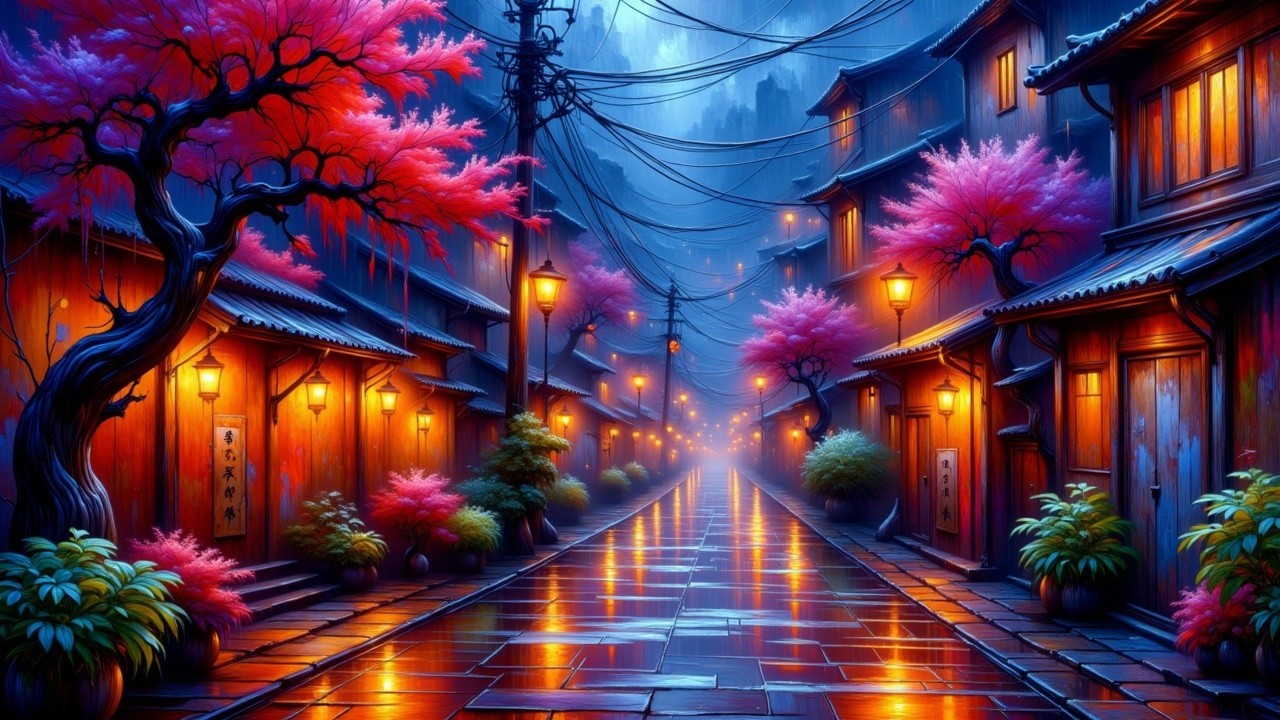 Tranquil Dusk Street with Wooden Buildings and Blossoms