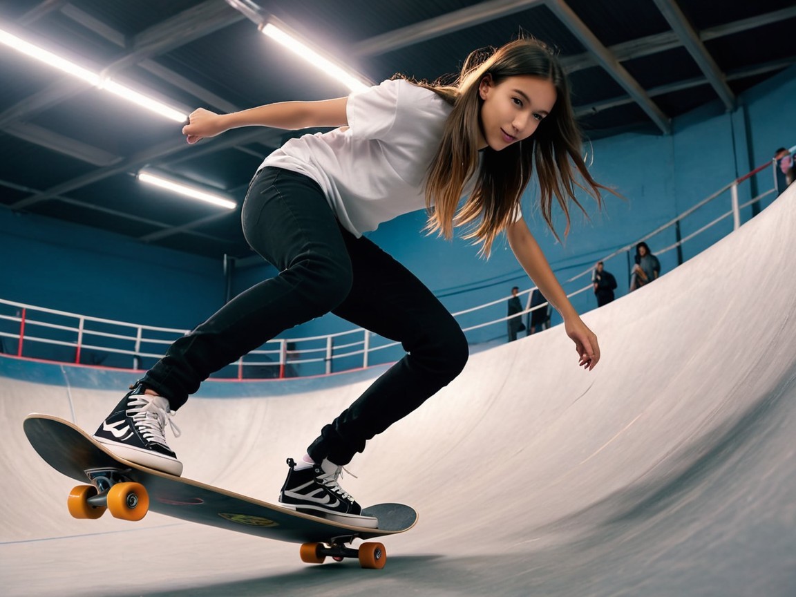 Young Girl Skateboarding at Vibrant Skatepark