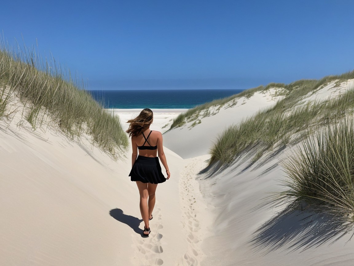 Woman Walking on Sandy Pathway to Serene Beach