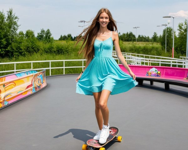 Young Woman Skateboarding in Polka-Dotted Dress