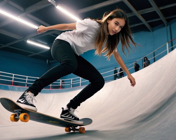 Young Girl Skateboarding at Vibrant Skatepark