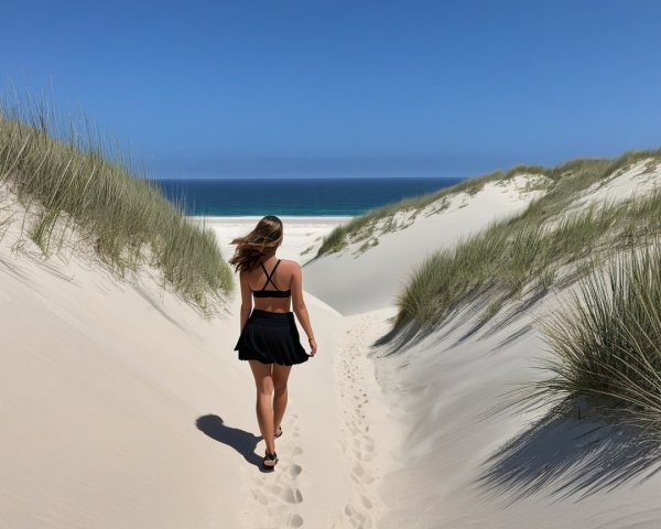 Woman Walking on Sandy Pathway to Serene Beach
