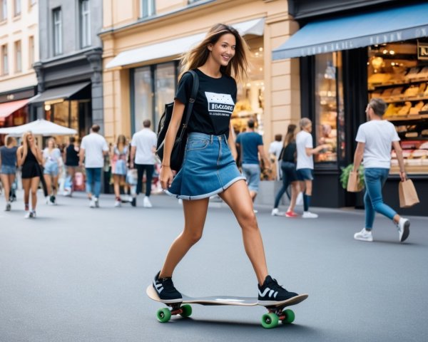 Young Woman Skateboarding in a Bustling City Street