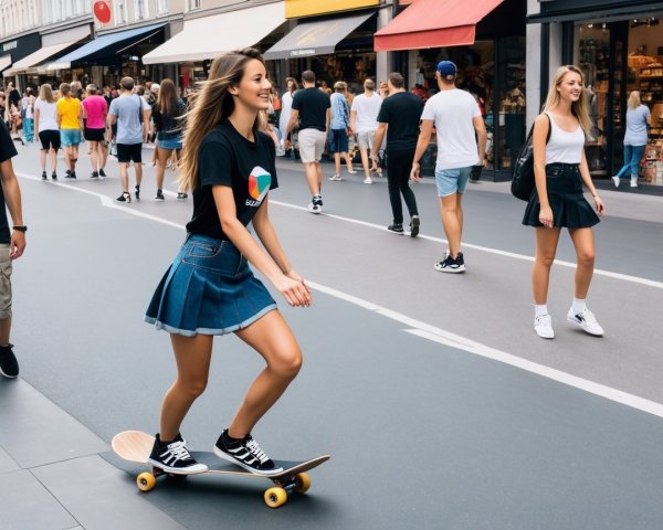 Young Woman Skateboarding Through a Busy Urban Street