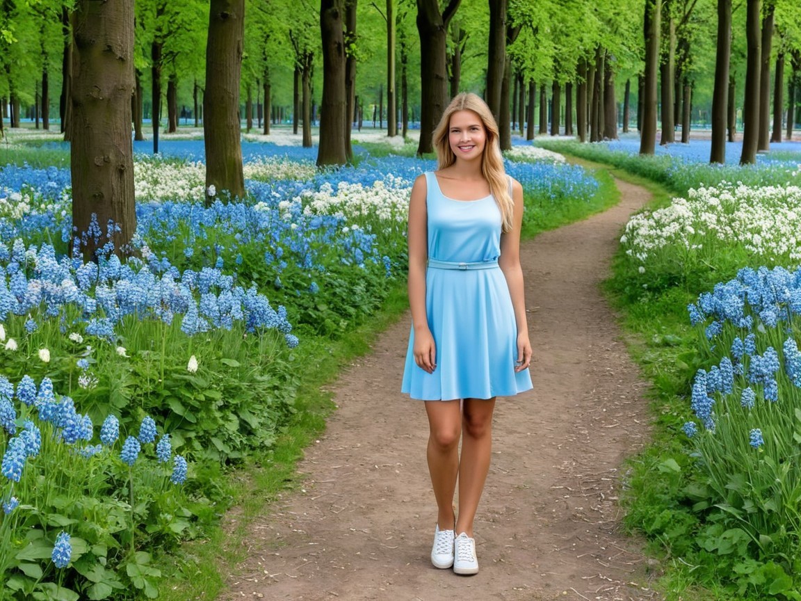 Young woman in blue dress among vibrant flower fields