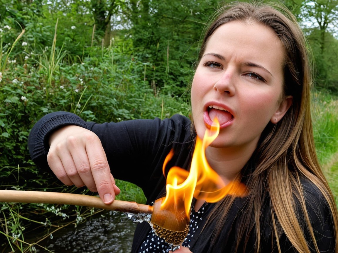 Young Woman with Torch by Stream in Natural Landscape