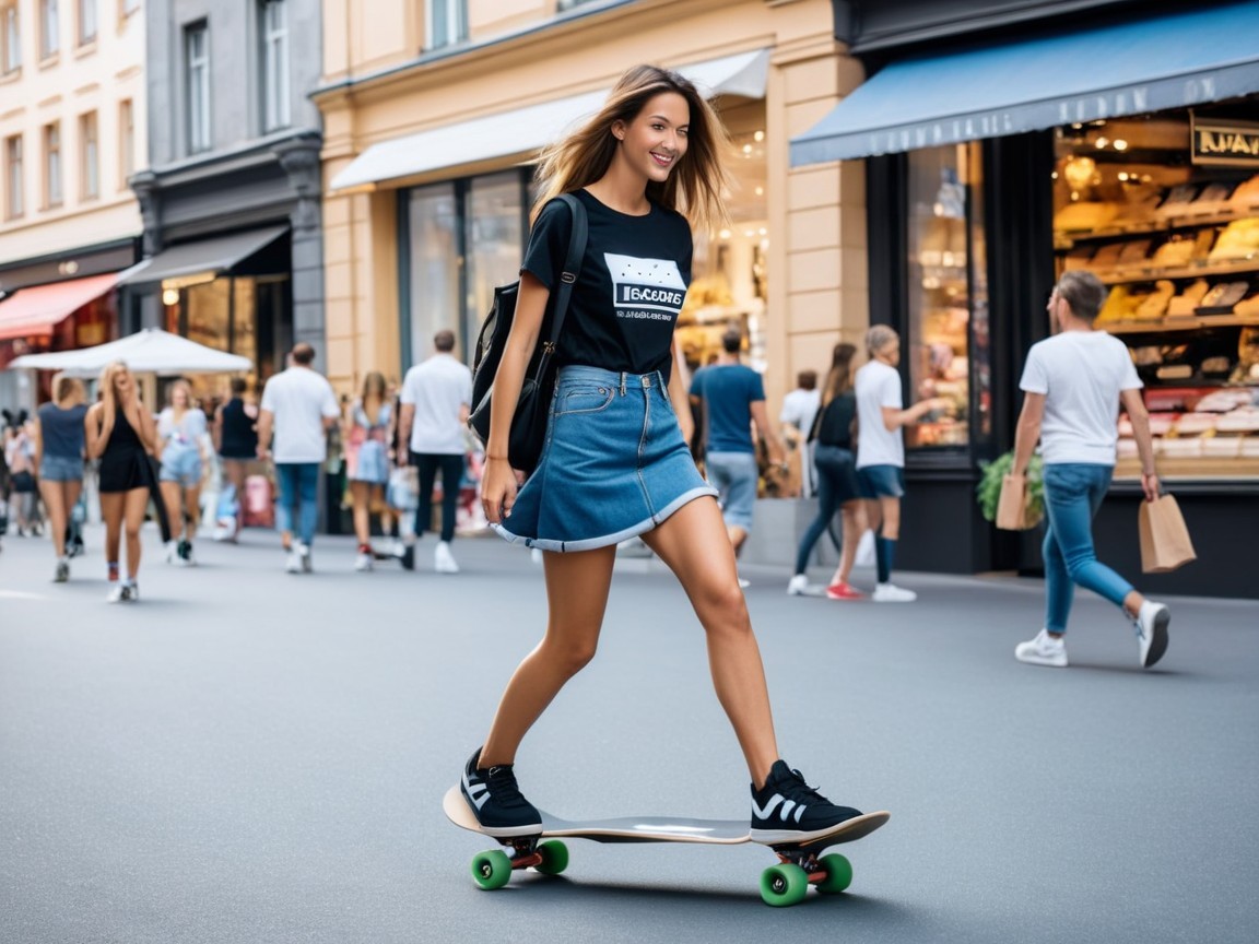 Young Woman Skateboarding in a Bustling City Street