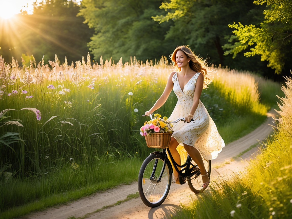 Woman in White Dress Biking Through Scenic Fields