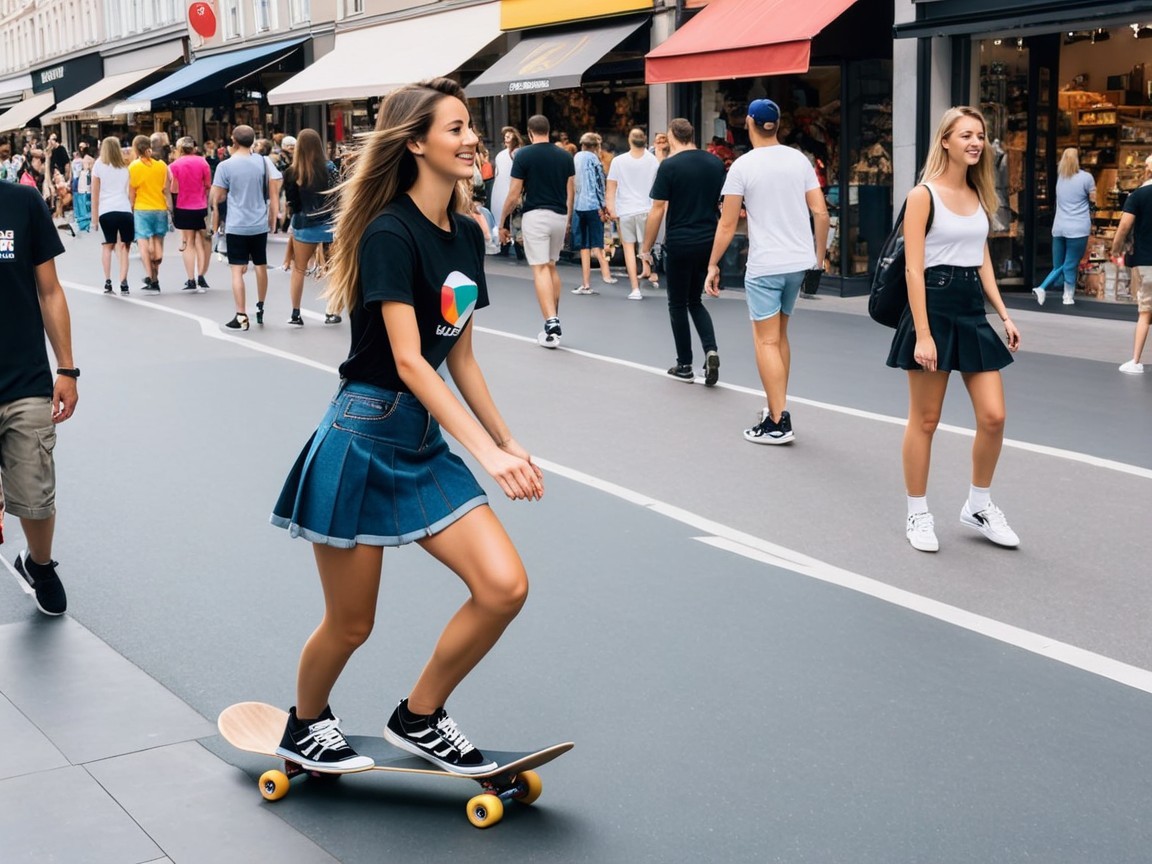 Young Woman Skateboarding Through a Busy Urban Street