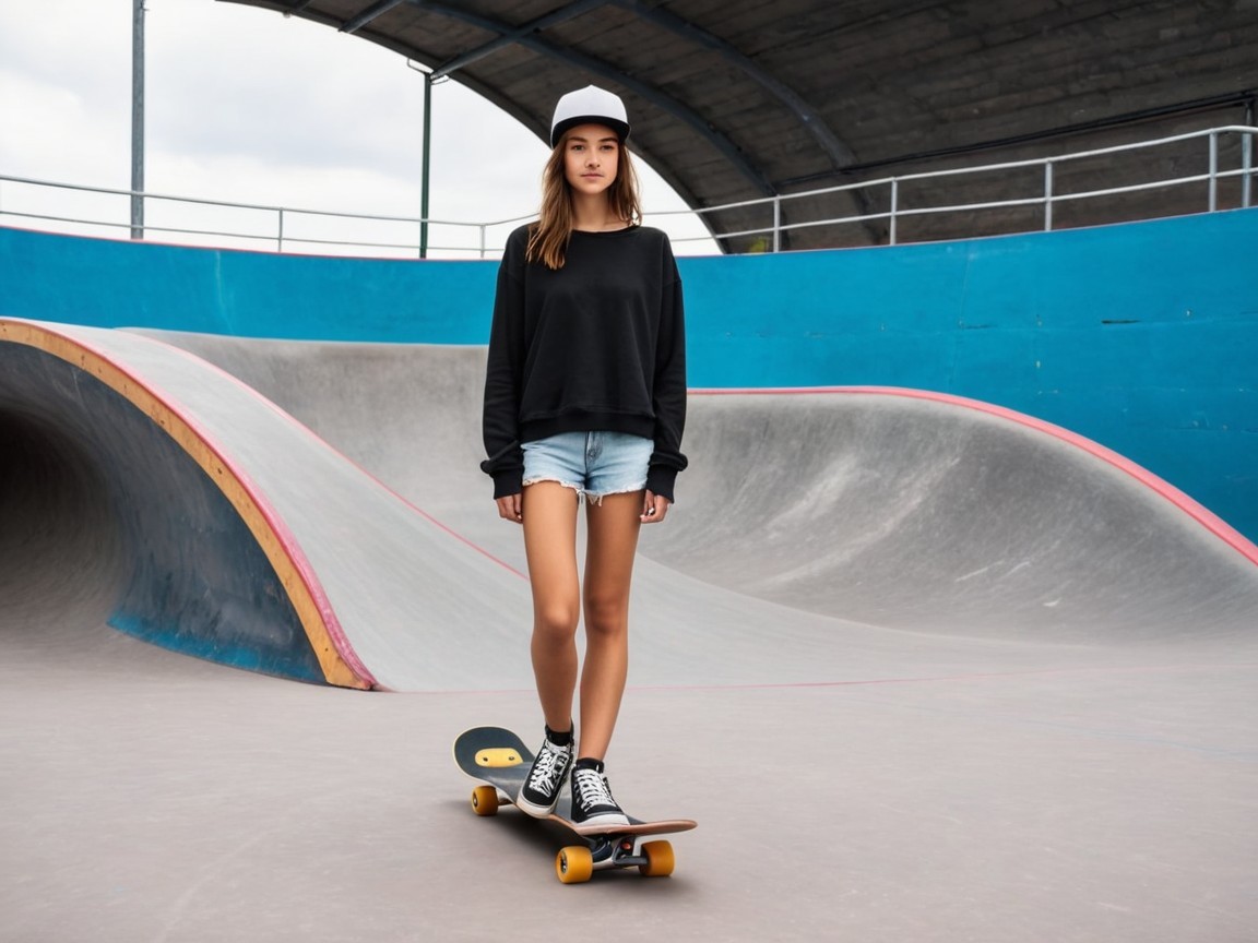 Young Woman Skateboarding in Modern Skate Park