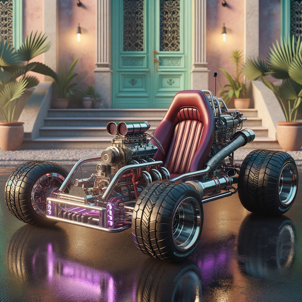 Futuristic red go-kart with chrome details and neon glow