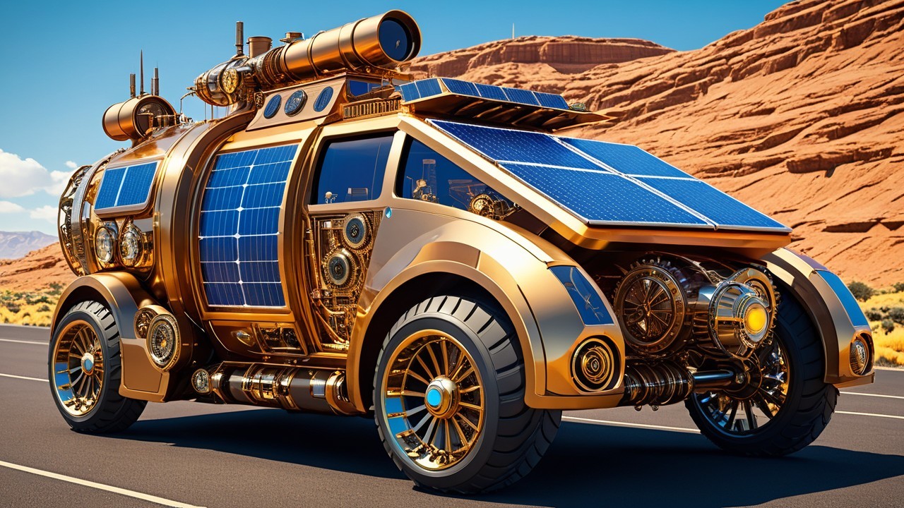 Futuristic Steampunk Vehicle in Desert Landscape
