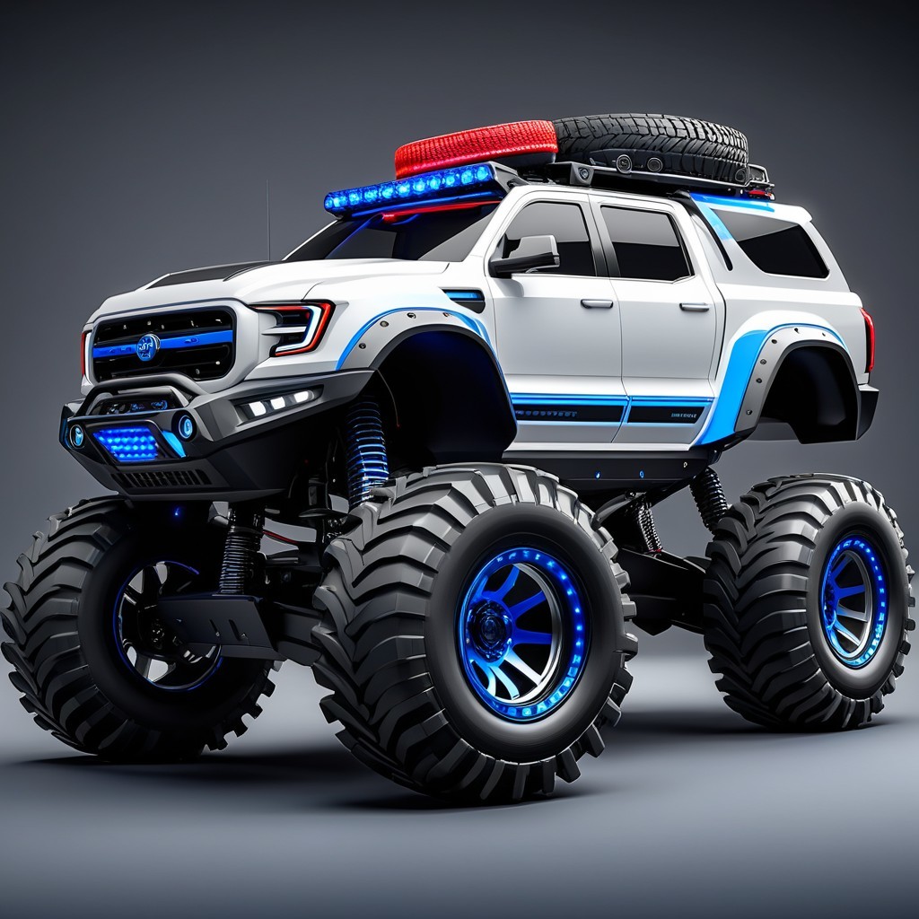 Modern Monster Truck with Sleek White and Blue Design