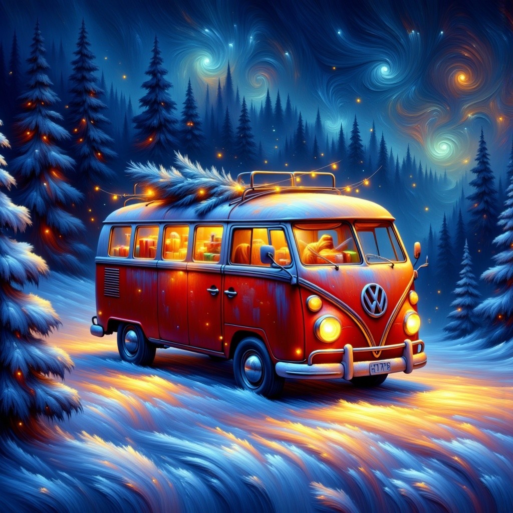 Vintage Volkswagen Camper Van in Snowy Forest Night