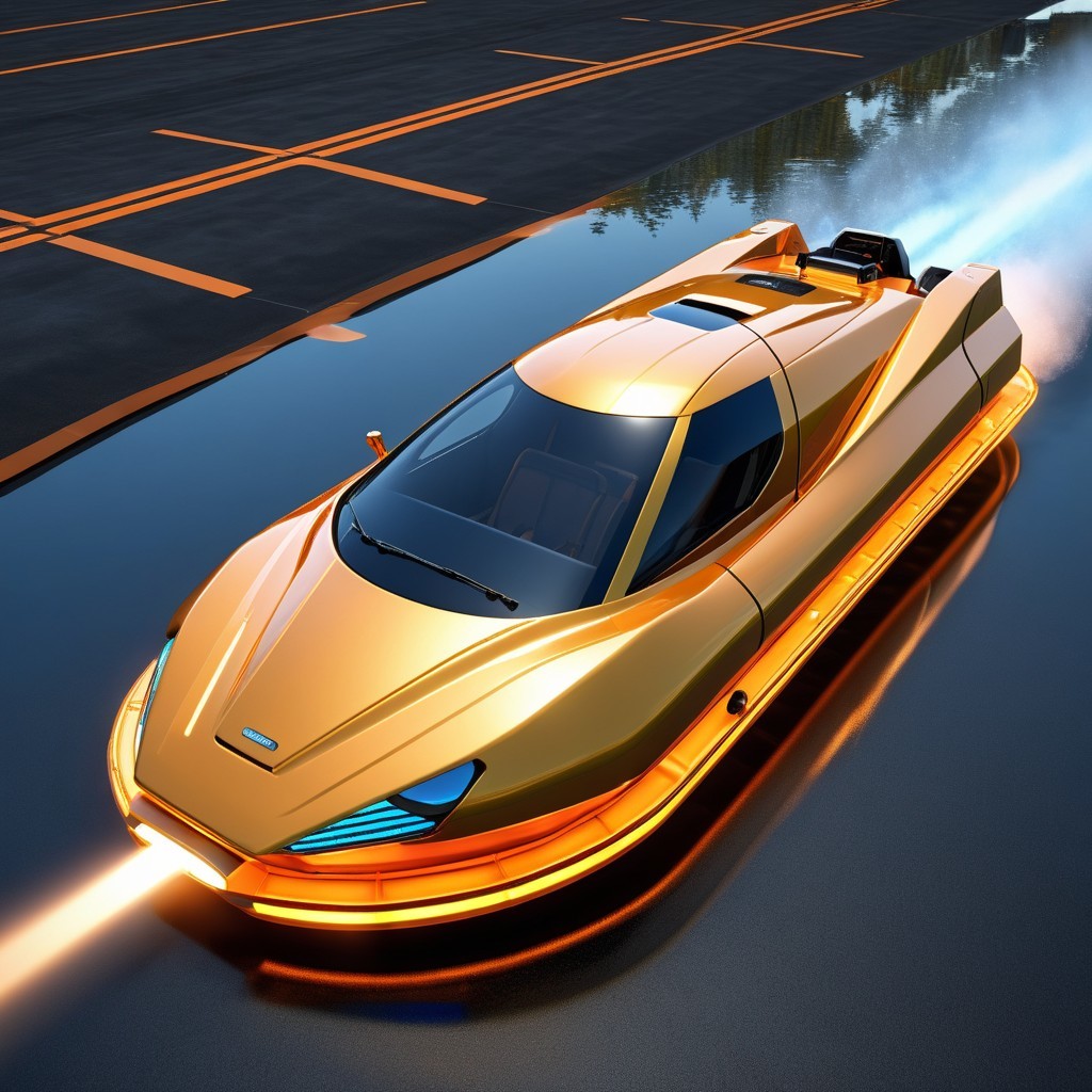Futuristic hovercraft with golden exterior and lights