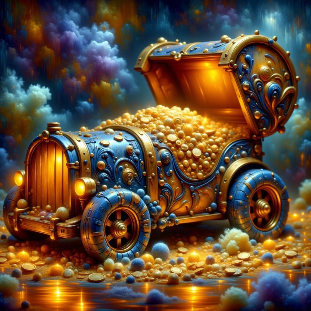 Vintage car filled with gold coins and treasures