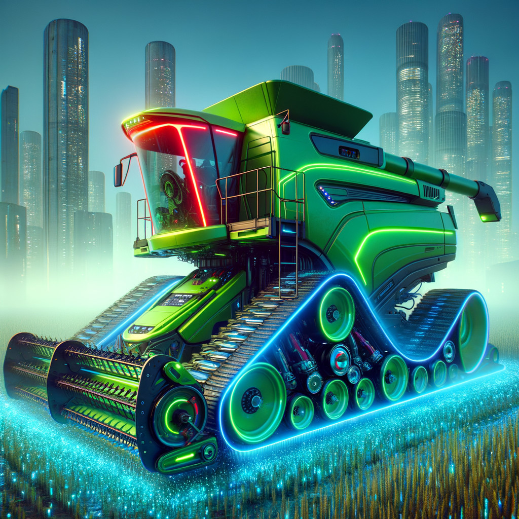 Futuristic Combine Harvester in Neon Wheat Field