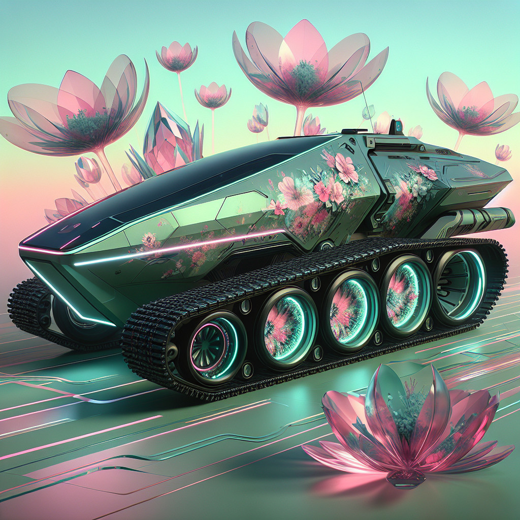 Futuristic teal and green tank with pink accents and flowers