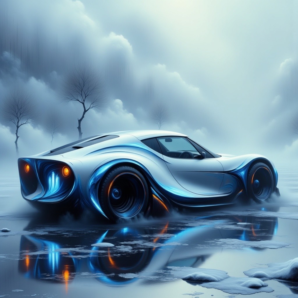 Futuristic Silver Sports Car on Icy Surface with Fog