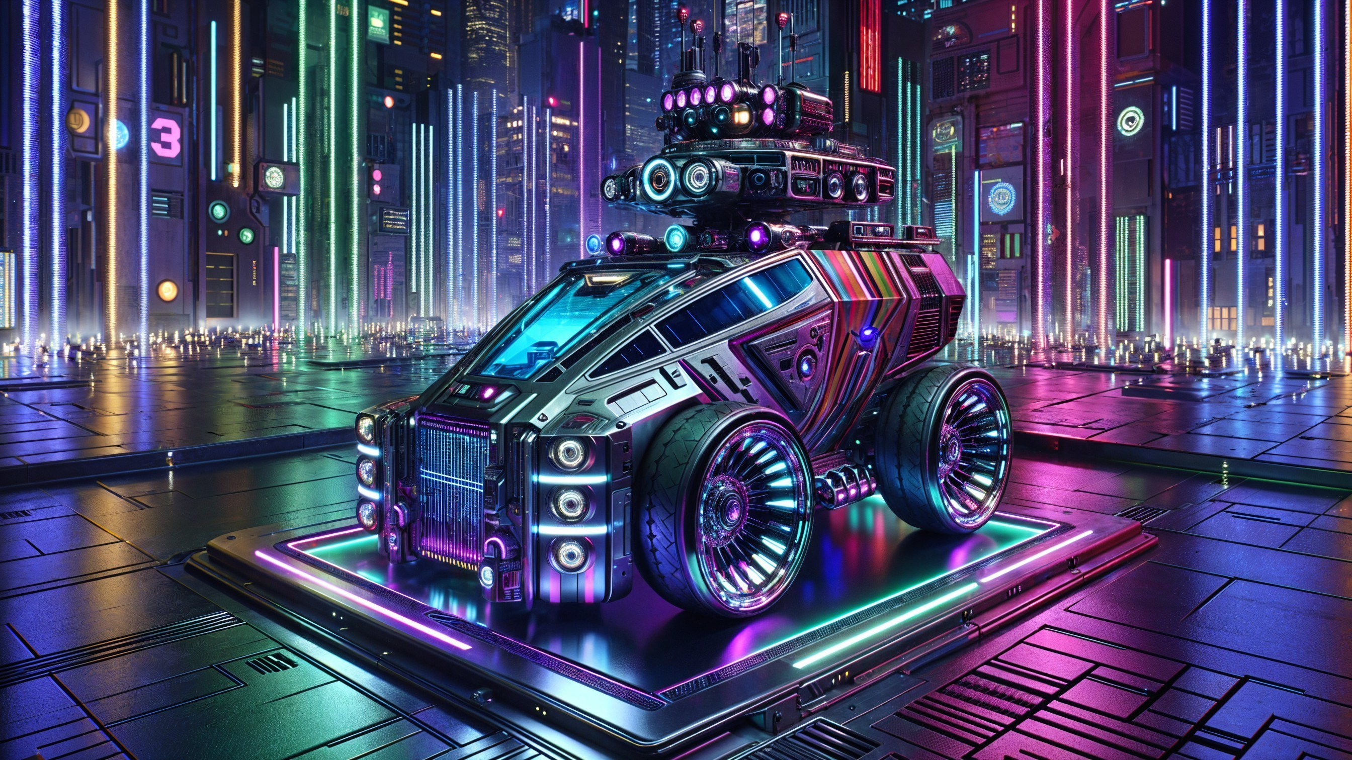 Futuristic Armored Vehicle in Neon Cityscape