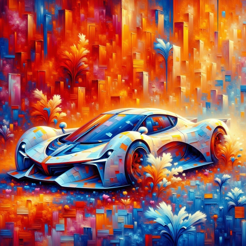 Futuristic Sports Car with Abstract Floral Background