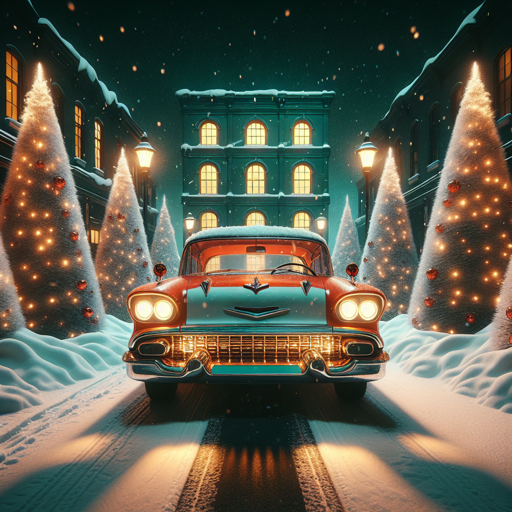 Vintage Red Car in Snowy Christmas Scene