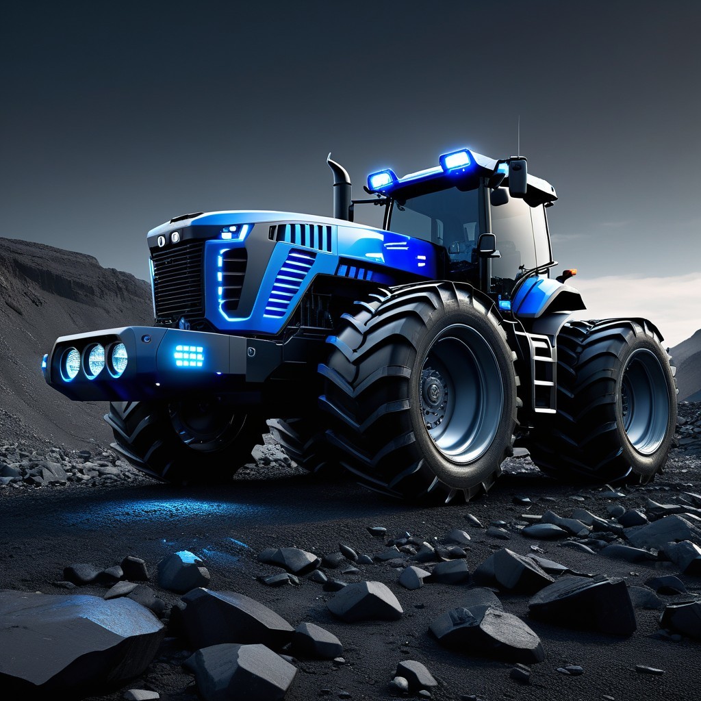 Futuristic Blue Tractor on Rugged Terrain with LED Lights