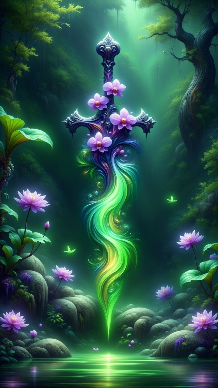 Ornate Cross in Mystical Forest Pond with Flowers