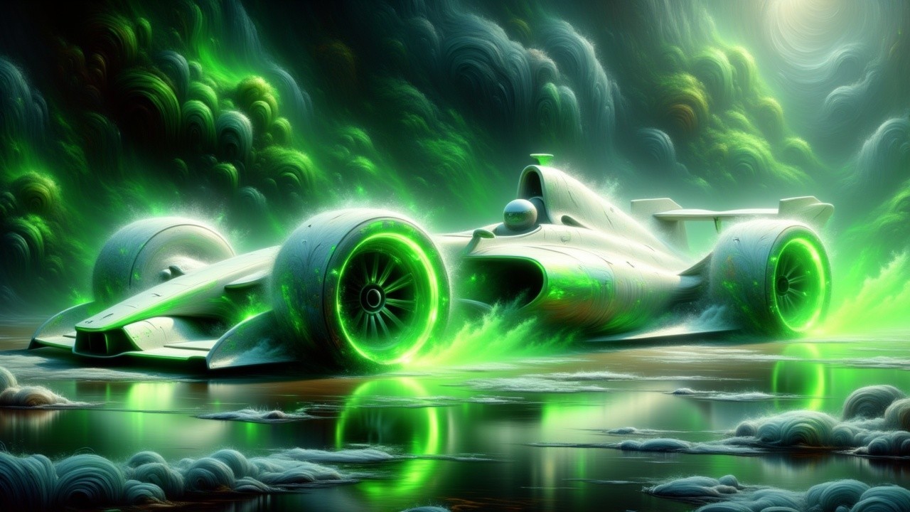 Futuristic Neon Green Racing Car in Mystical Atmosphere
