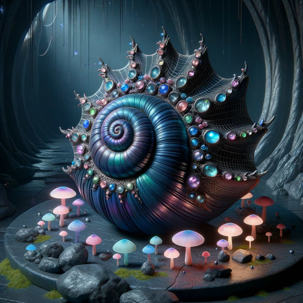 Iridescent Spiral Seashell with Gemstones and Mushrooms