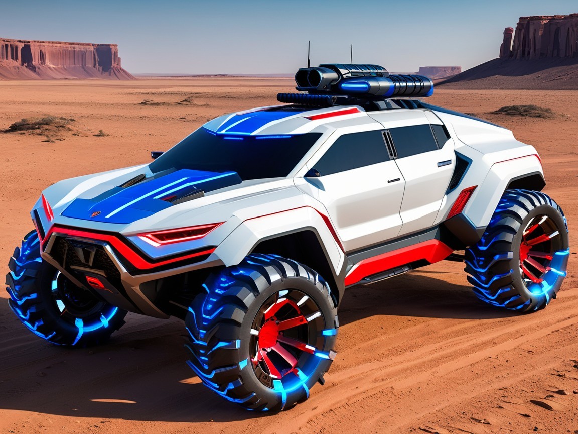 Futuristic Rugged SUV in Desert Landscape with Turret