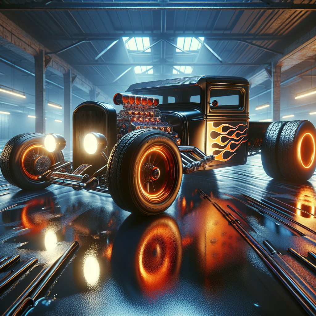 Futuristic Black Hot Rod with Orange Flames in Garage