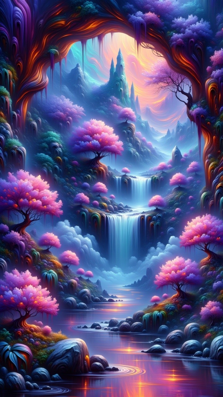 Vibrant Fantasy Landscape with Waterfall and Castle
