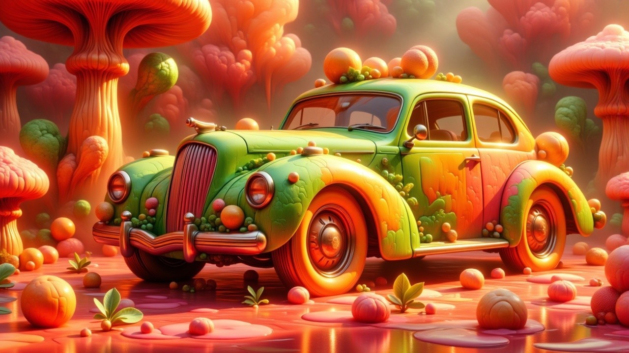 Whimsical Car in a Surreal Fruity Landscape