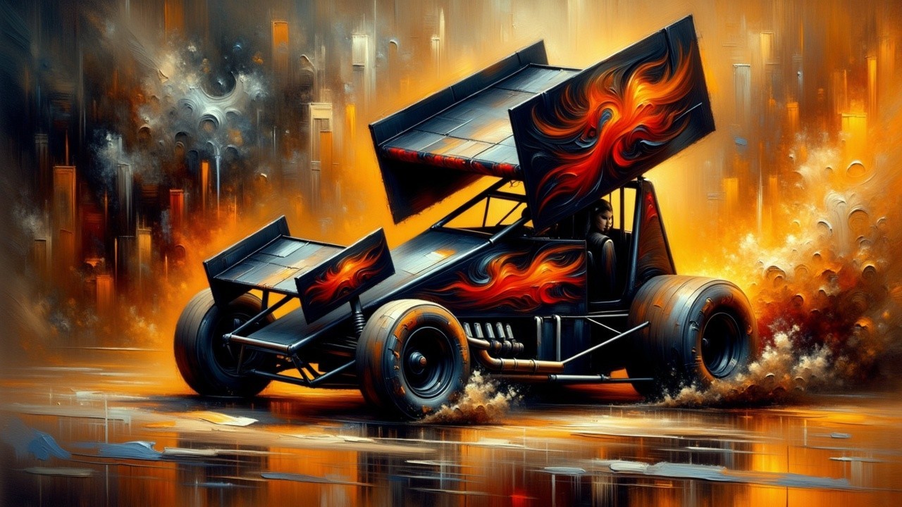 Vibrant Sprint Car with Flame Graphics and Smoky Backdrop
