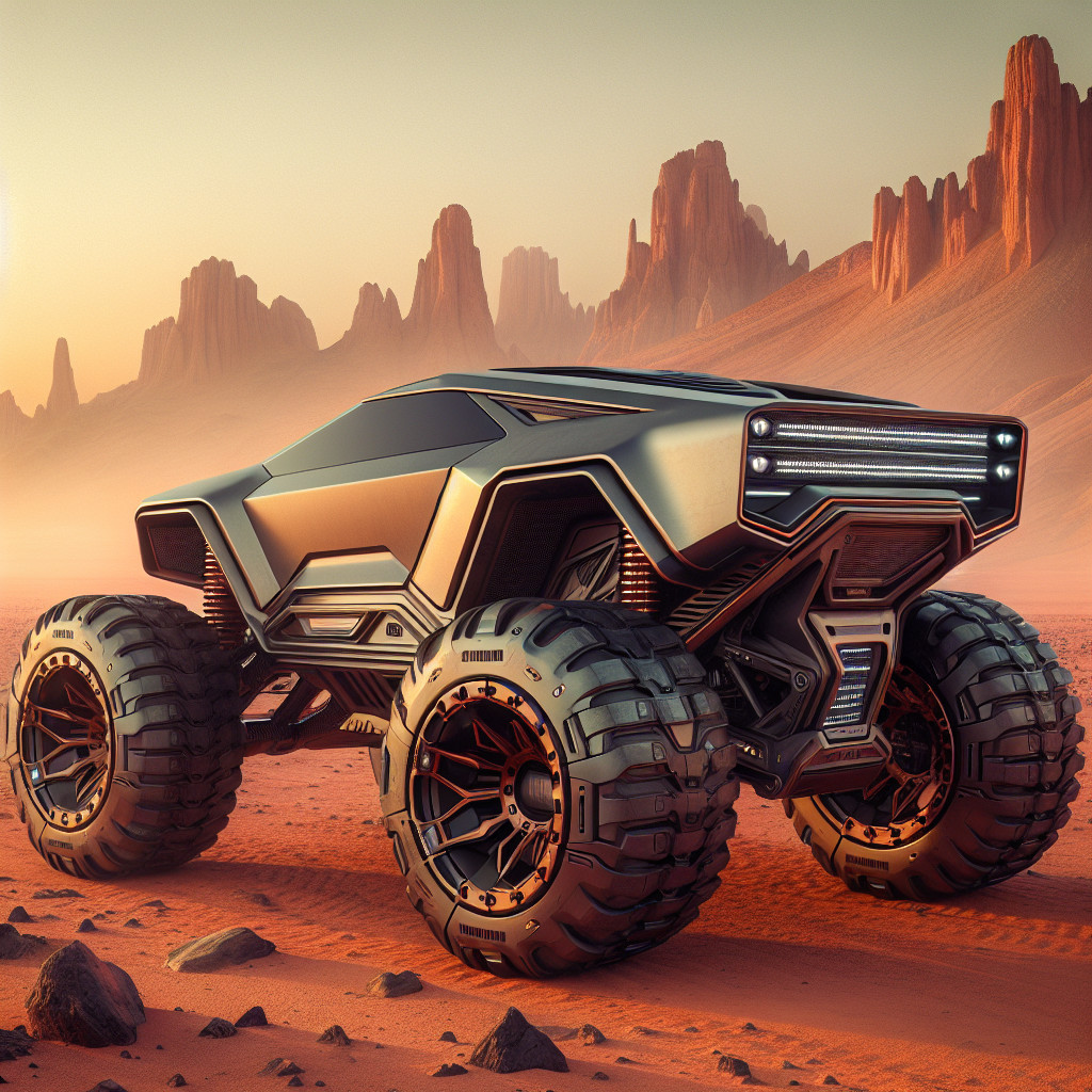Futuristic all-terrain vehicle in red desert landscape